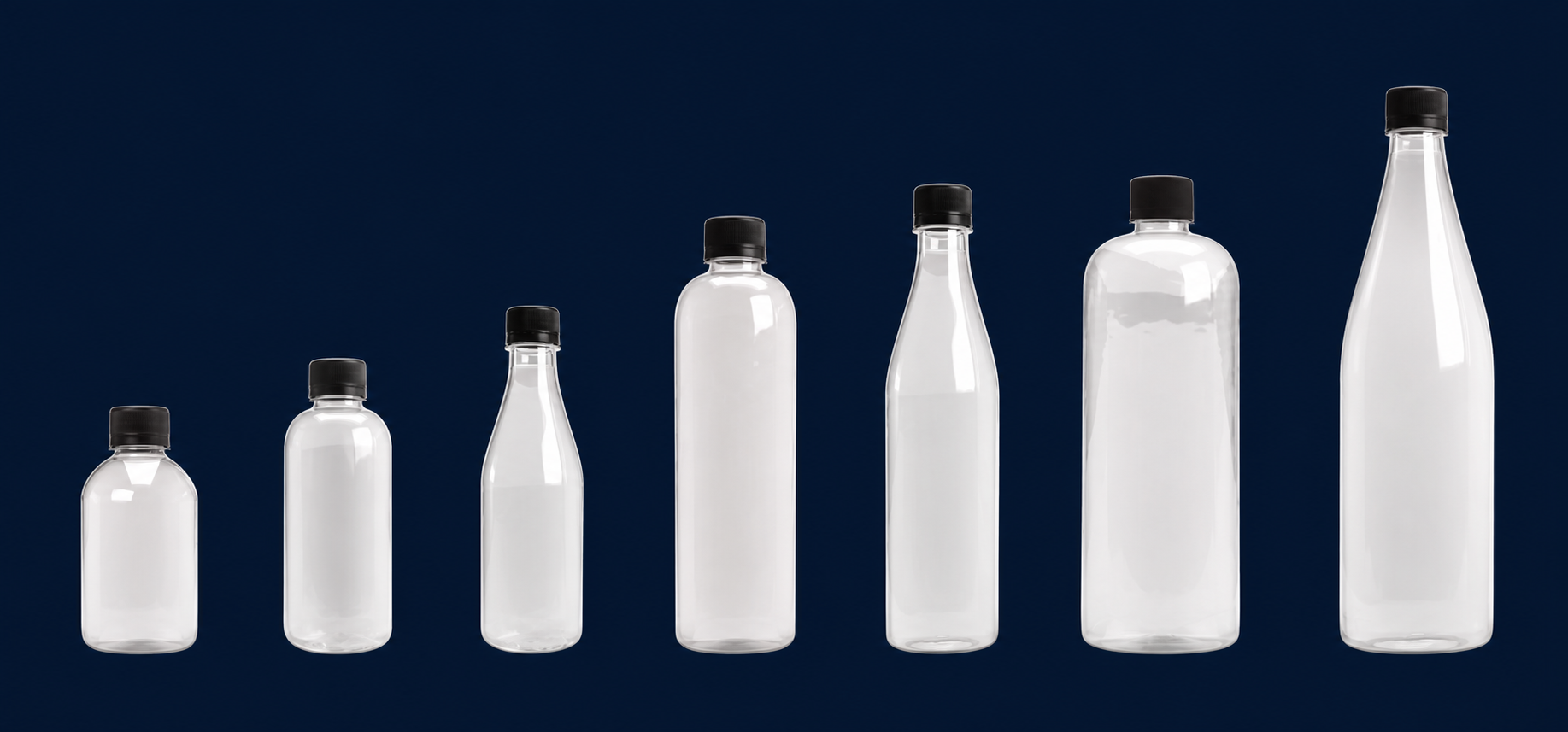 Actual bottle lineup: 250 mL, 355 mL, 500 mL, and 1 Liter in long and fat profiles