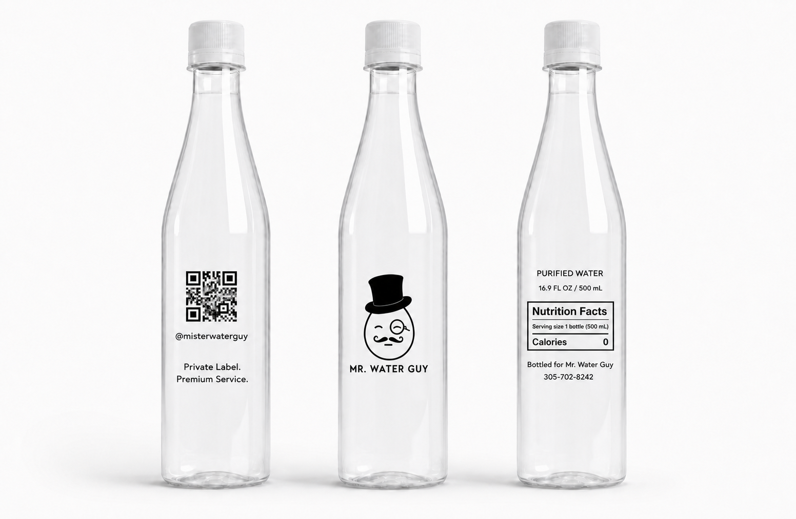 Mr. Water Guy custom 500 mL bottle shown from three sides